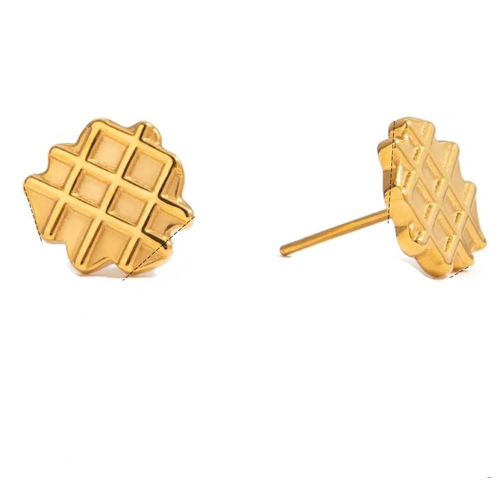 18K Gold Plated Waffle Stud Earrings Stainless Steel Hypoallergenic Food Jewelry